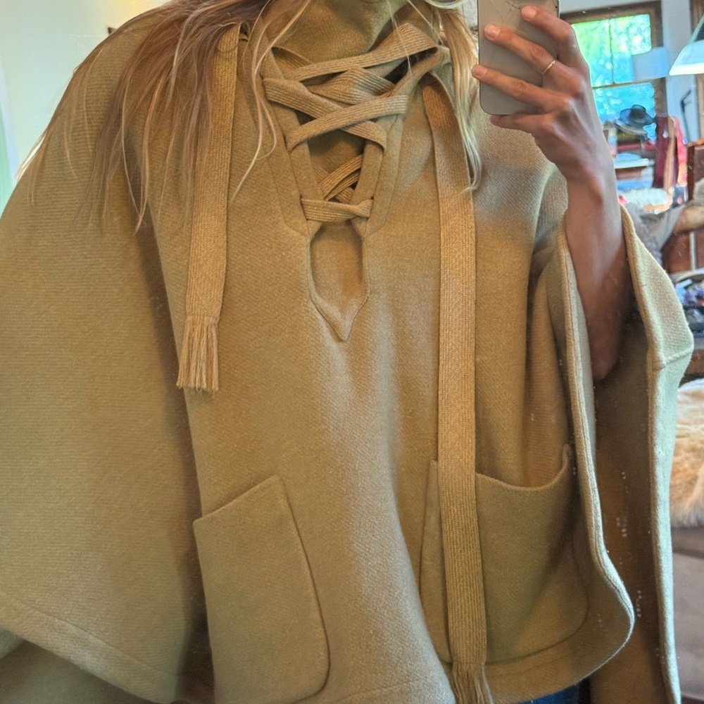 Chloe Gold Yellow Lace-Up Wool Poncho - Picture 4 of 10